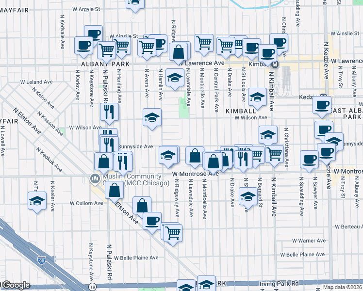 map of restaurants, bars, coffee shops, grocery stores, and more near 3725 West Sunnyside Avenue in Chicago