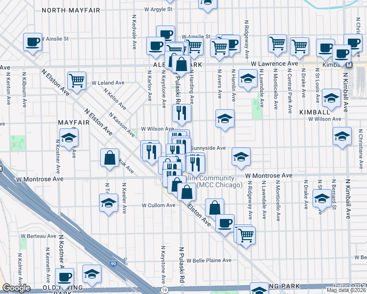 map of restaurants, bars, coffee shops, grocery stores, and more near 4453 North Pulaski Road in Chicago