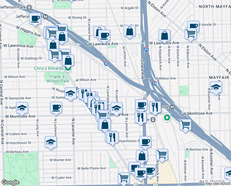 map of restaurants, bars, coffee shops, grocery stores, and more near 4939 West Sunnyside Avenue in Chicago