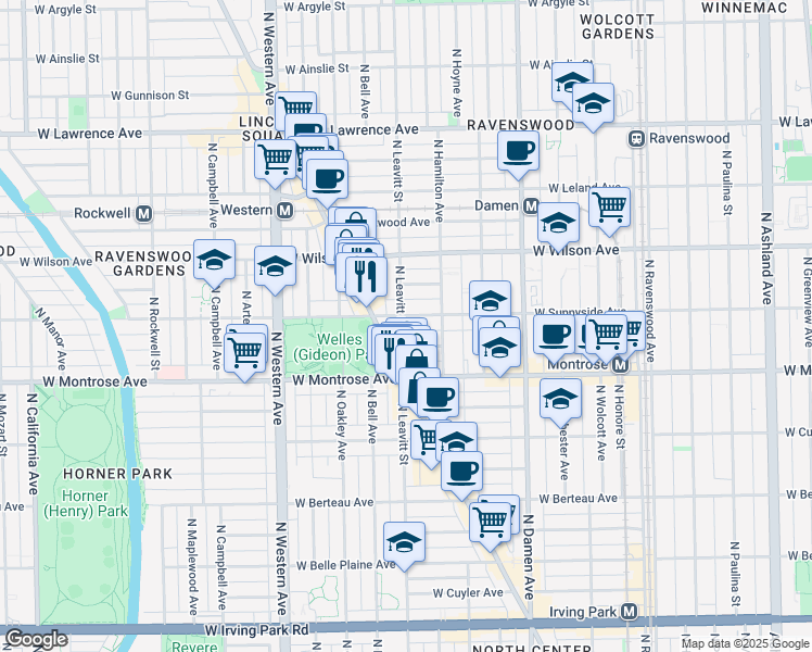 map of restaurants, bars, coffee shops, grocery stores, and more near 4449 North Leavitt Street in Chicago