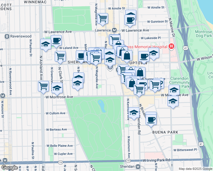 map of restaurants, bars, coffee shops, grocery stores, and more near 4455 North Racine Avenue in Chicago