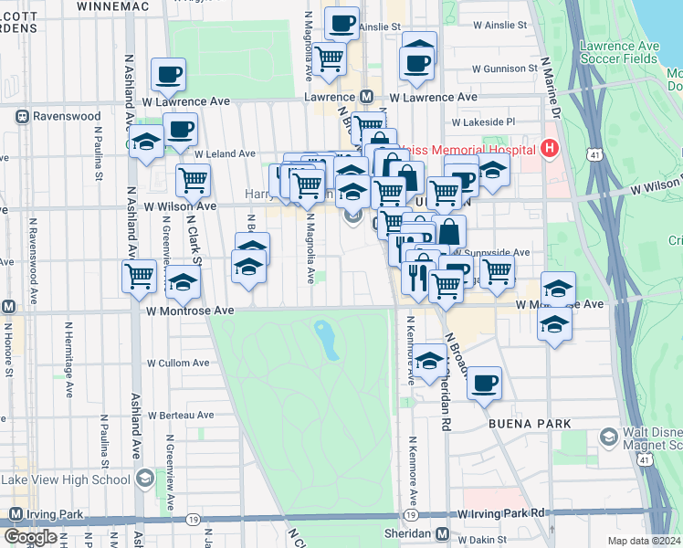 map of restaurants, bars, coffee shops, grocery stores, and more near 4455 North Racine Avenue in Chicago