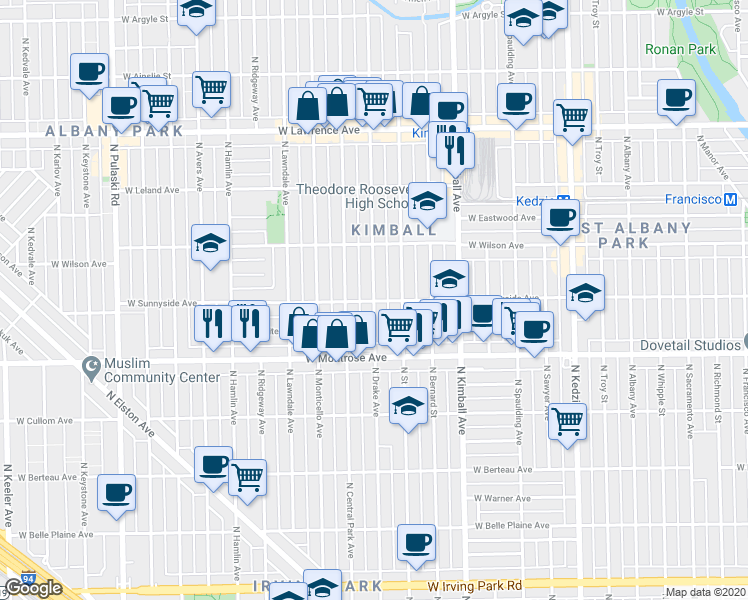 map of restaurants, bars, coffee shops, grocery stores, and more near West Sunnyside Avenue & North Drake Avenue in Chicago