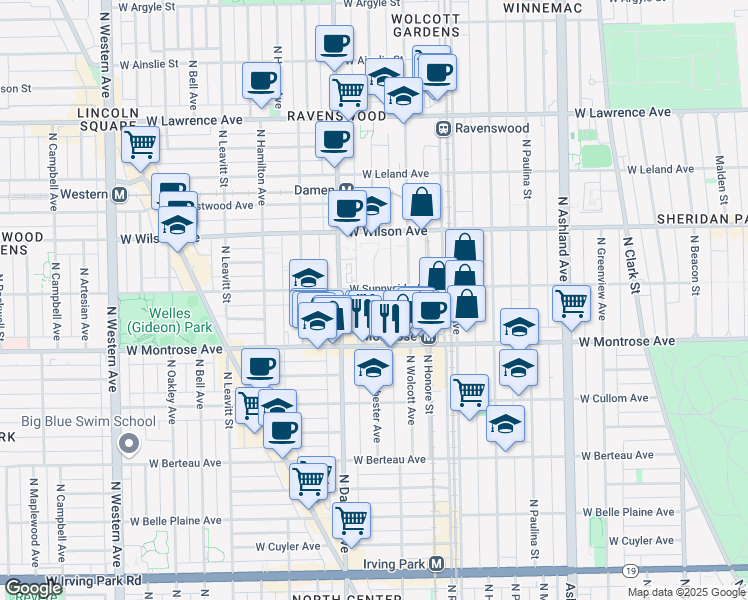 map of restaurants, bars, coffee shops, grocery stores, and more near 4450 North Winchester Avenue in Chicago
