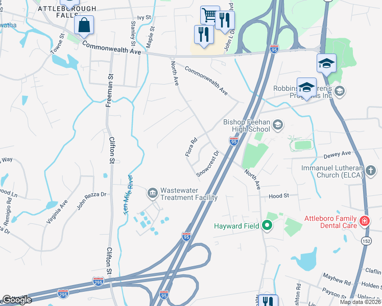map of restaurants, bars, coffee shops, grocery stores, and more near 50 Flora Road in Attleboro