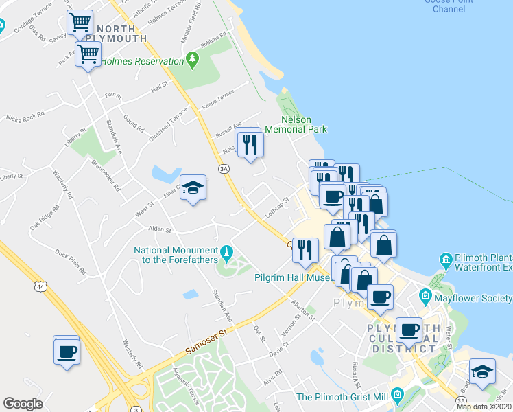 map of restaurants, bars, coffee shops, grocery stores, and more near 21 Grant Street in Plymouth