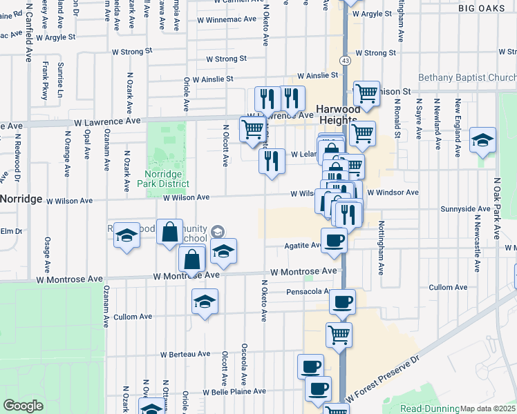 map of restaurants, bars, coffee shops, grocery stores, and more near 7401 West Wilson Avenue in Chicago