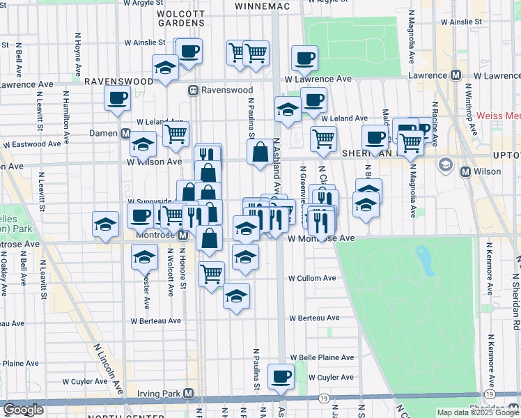 map of restaurants, bars, coffee shops, grocery stores, and more near 4445 North Paulina Street in Chicago