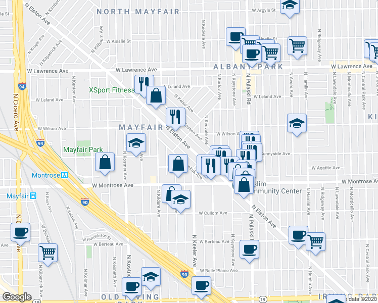 map of restaurants, bars, coffee shops, grocery stores, and more near 4536 North Elston Avenue in Chicago