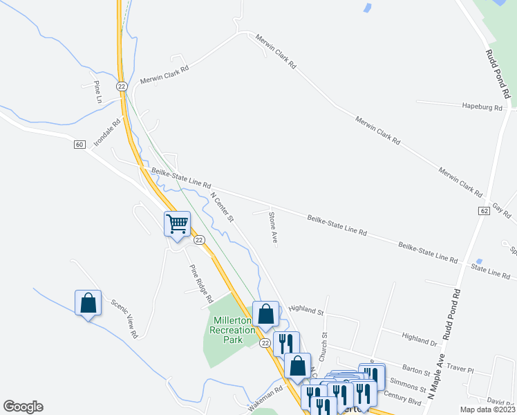 map of restaurants, bars, coffee shops, grocery stores, and more near 10 Clark Avenue in Millerton