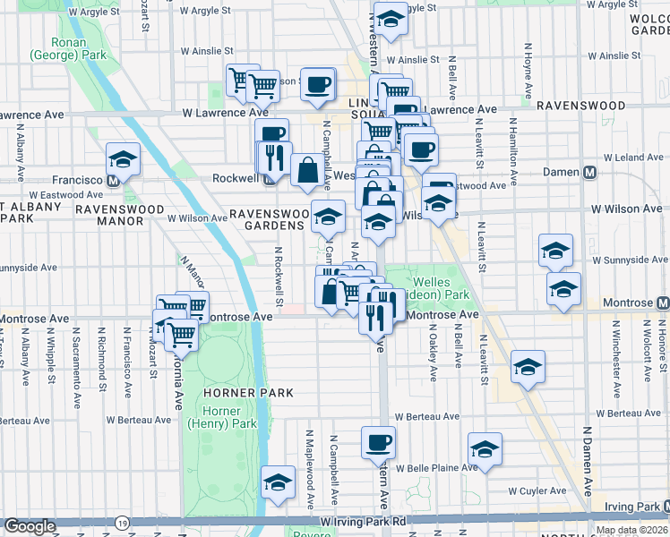 map of restaurants, bars, coffee shops, grocery stores, and more near 4440 North Campbell Avenue in Chicago