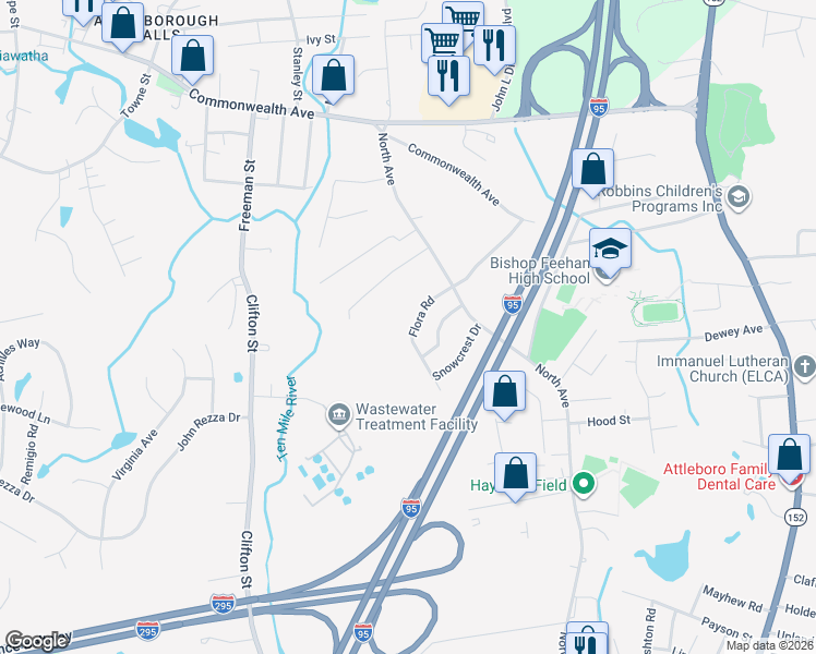 map of restaurants, bars, coffee shops, grocery stores, and more near 50 Flora Road in Attleboro