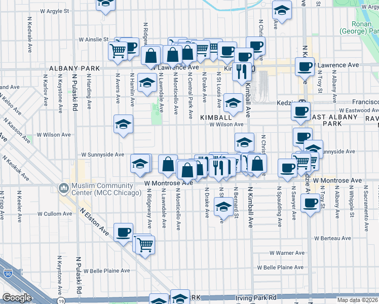 map of restaurants, bars, coffee shops, grocery stores, and more near 4446 North Central Park Avenue in Chicago