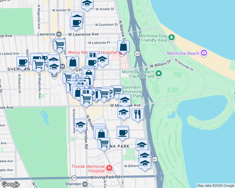 map of restaurants, bars, coffee shops, grocery stores, and more near 825 West Agatite Avenue in Chicago
