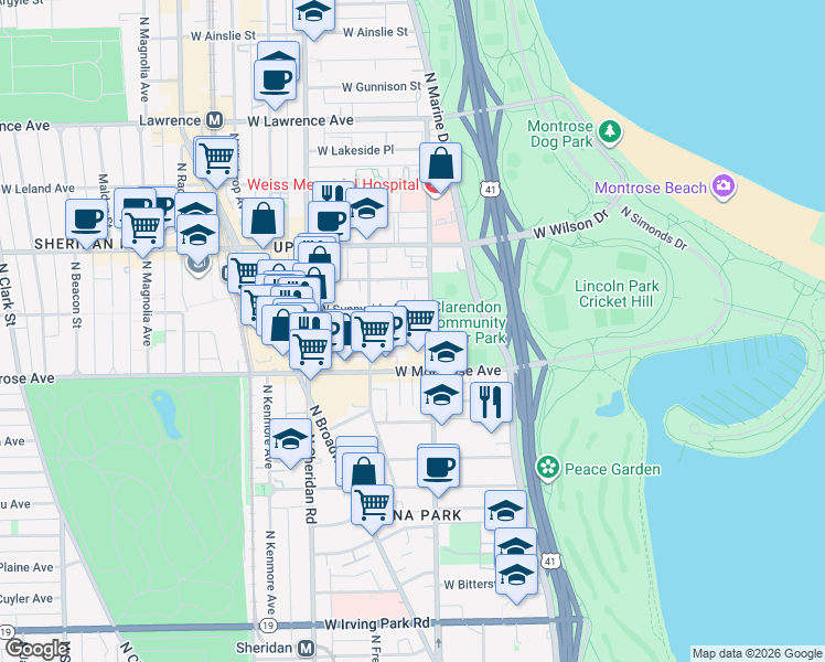 map of restaurants, bars, coffee shops, grocery stores, and more near 825 West Agatite Avenue in Chicago