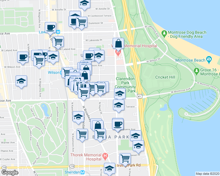 map of restaurants, bars, coffee shops, grocery stores, and more near 825 West Agatite Avenue in Chicago