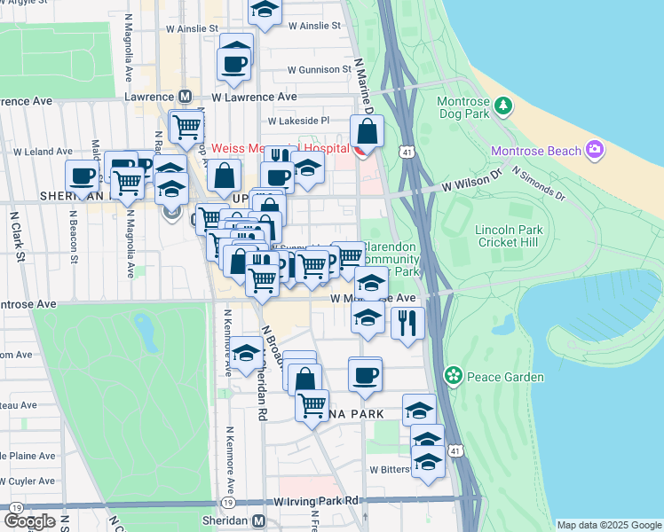 map of restaurants, bars, coffee shops, grocery stores, and more near 825 West Agatite Avenue in Chicago