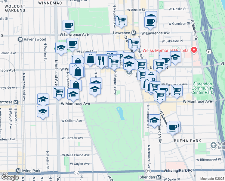 map of restaurants, bars, coffee shops, grocery stores, and more near 4424 North Magnolia Avenue in Chicago