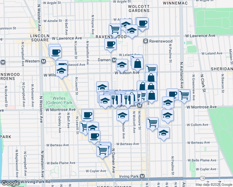 map of restaurants, bars, coffee shops, grocery stores, and more near 4430 North Winchester Avenue in Chicago