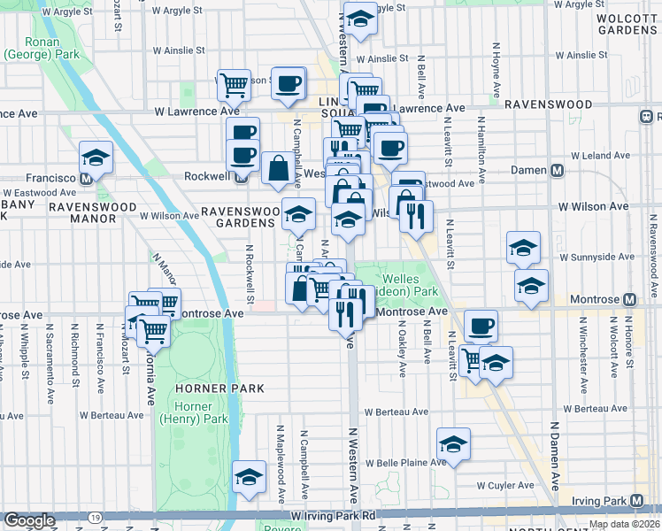 map of restaurants, bars, coffee shops, grocery stores, and more near 4438 North Artesian Avenue in Chicago