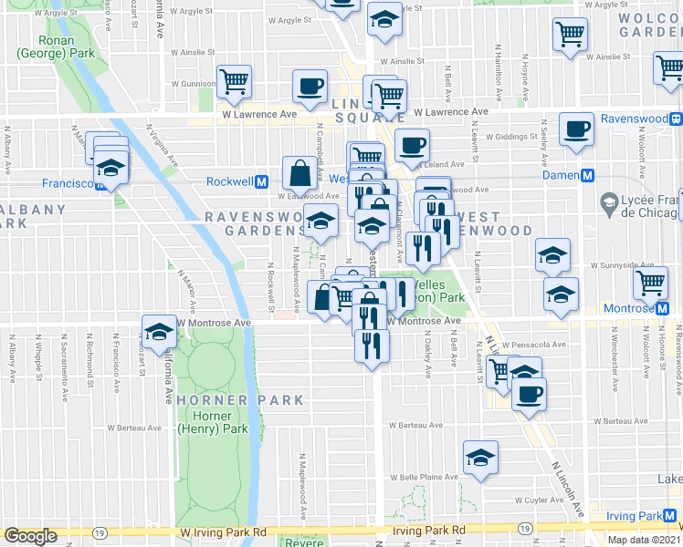 map of restaurants, bars, coffee shops, grocery stores, and more near 4438 North Artesian Avenue in Chicago