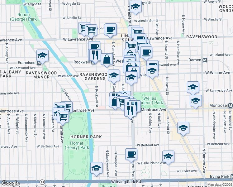 map of restaurants, bars, coffee shops, grocery stores, and more near 4440 North Campbell Avenue in Chicago
