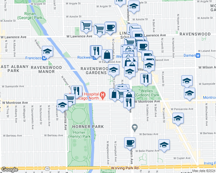 map of restaurants, bars, coffee shops, grocery stores, and more near 4440 North Campbell Avenue in Chicago