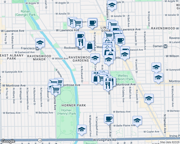map of restaurants, bars, coffee shops, grocery stores, and more near 4440 North Campbell Avenue in Chicago