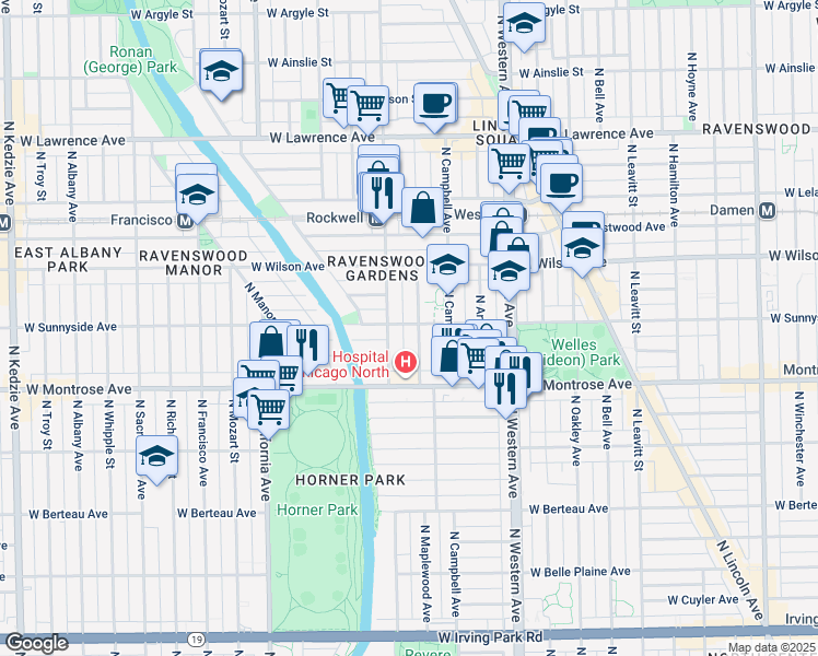 map of restaurants, bars, coffee shops, grocery stores, and more near 4438 North Maplewood Avenue in Chicago