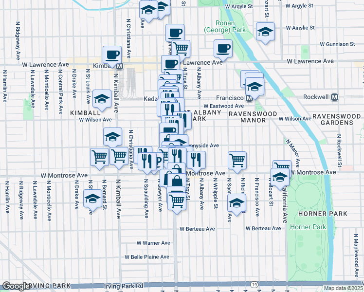 map of restaurants, bars, coffee shops, grocery stores, and more near 4447 North Kedzie Avenue in Chicago
