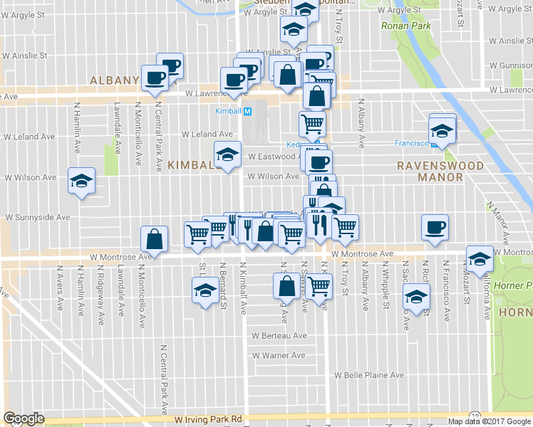 map of restaurants, bars, coffee shops, grocery stores, and more near 4444 North Spaulding Avenue in Chicago