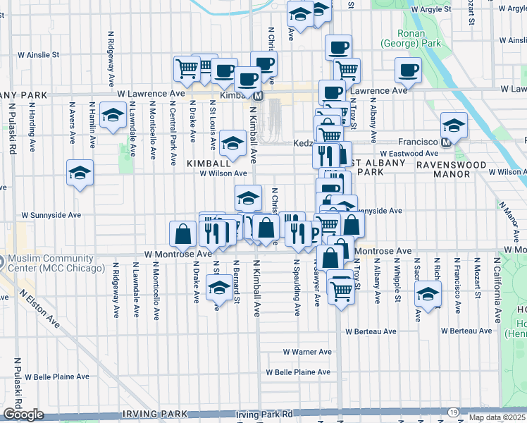 map of restaurants, bars, coffee shops, grocery stores, and more near 4442 North Christiana Avenue in Chicago
