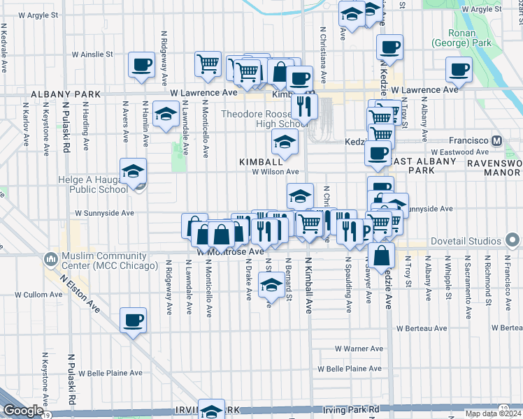 map of restaurants, bars, coffee shops, grocery stores, and more near 4449 North Saint Louis Avenue in Chicago
