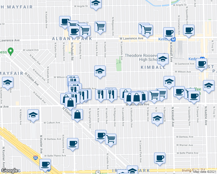 map of restaurants, bars, coffee shops, grocery stores, and more near 4446 North Hamlin Avenue in Chicago