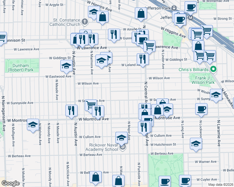 map of restaurants, bars, coffee shops, grocery stores, and more near 5730 West Sunnyside Avenue in Chicago