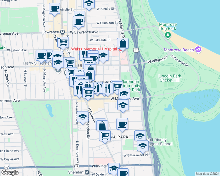 map of restaurants, bars, coffee shops, grocery stores, and more near 838 West Agatite Avenue in Chicago