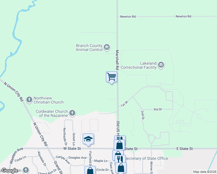 map of restaurants, bars, coffee shops, grocery stores, and more near 546 Marshall Road in Coldwater