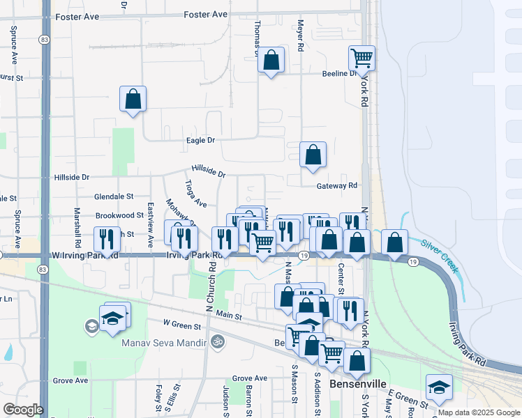 map of restaurants, bars, coffee shops, grocery stores, and more near 228 North Walnut Street in Bensenville