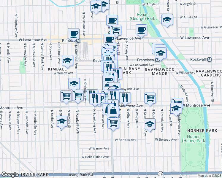 map of restaurants, bars, coffee shops, grocery stores, and more near N Kedzie Ave & W Sunnyside Ave in Chicago