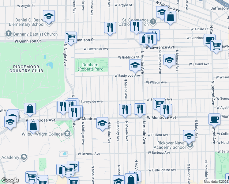 map of restaurants, bars, coffee shops, grocery stores, and more near 4511 North Melvina Avenue in Chicago