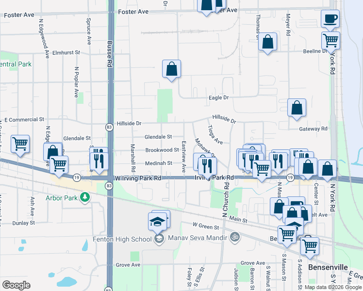 map of restaurants, bars, coffee shops, grocery stores, and more near 220 Blackhawk Terrace in Bensenville