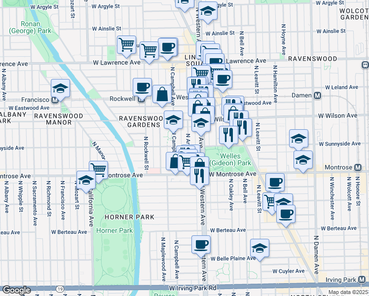 map of restaurants, bars, coffee shops, grocery stores, and more near 2439 West Sunnyside Avenue in Chicago
