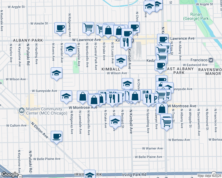map of restaurants, bars, coffee shops, grocery stores, and more near 4449 North Saint Louis Avenue in Chicago
