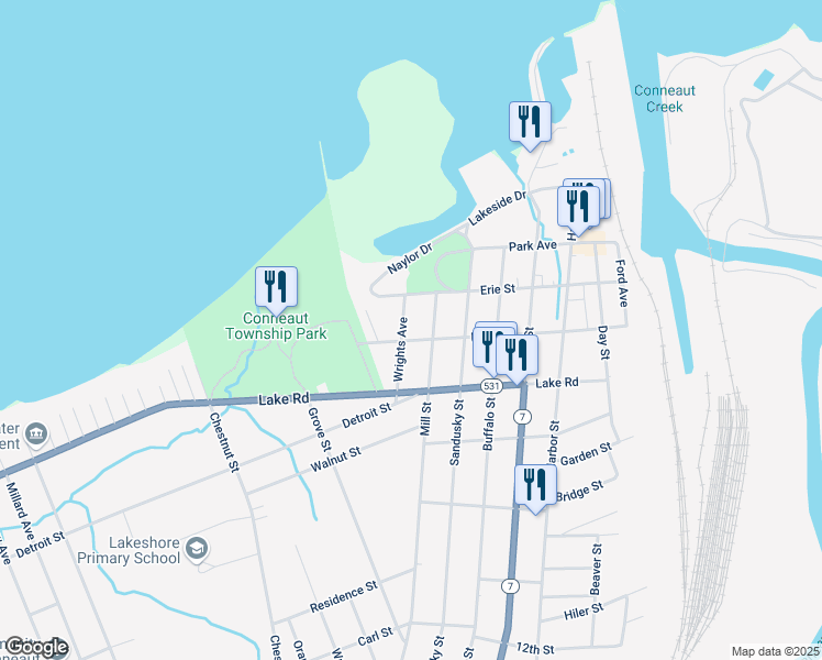 map of restaurants, bars, coffee shops, grocery stores, and more near 965 Mill Street in Conneaut