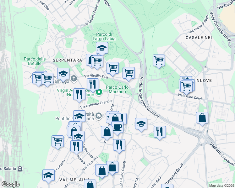 map of restaurants, bars, coffee shops, grocery stores, and more near 118-120 Via Francesco Cocco Ortu in Rome