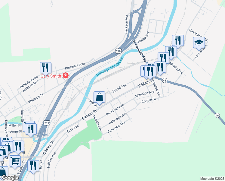 map of restaurants, bars, coffee shops, grocery stores, and more near Homestead Avenue in Bradford