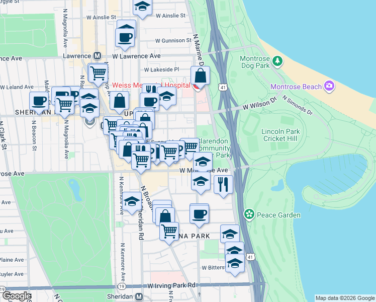 map of restaurants, bars, coffee shops, grocery stores, and more near 825 West Agatite Avenue in Chicago