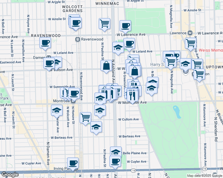 map of restaurants, bars, coffee shops, grocery stores, and more near 4433 North Ashland Avenue in Chicago