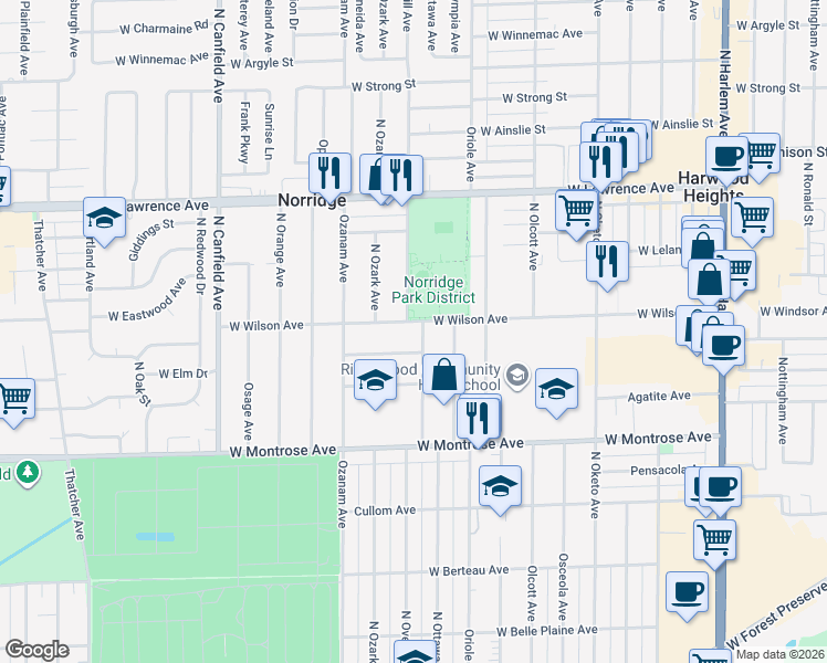 map of restaurants, bars, coffee shops, grocery stores, and more near 7700 West Windsor Avenue in Norridge