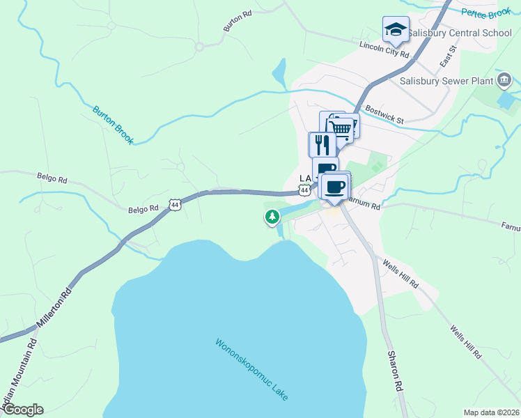 map of restaurants, bars, coffee shops, grocery stores, and more near 36 Ethan Allen Street in Salisbury